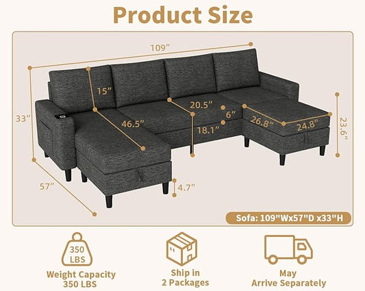 Smart Sectional Couches for Living Room, 6 Seat U/L Shaped Sectional Sofa with RGB Light/Charging, Modern Living Room Furniture for Apartments/Office/More (Dark Grey)