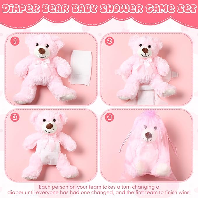 Soulchen 6 Set Bear Blindfolded Diaper Changing Baby Shower Games 14 Inch Bear Plushes with Dolls Diapers Bottles Shirts for Gender Reveal Bridal Shower Game Prize Gift Guest Adult(Pink)