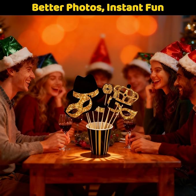 24PCS Gold and Black Photo Booth Props Set, Funny Photobooth Props Kit for Birthday Wedding Graduation New Year Party Celebration Decoration Supplies