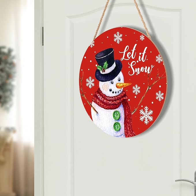 Christmas Snowman Front Door Sign Snowflake Wood Door Hanger for Outdoor Outside Porch xtmas Decorations Welcome Sign Farmhouse Round Wall Hanging Christma Wreath Xmas Decor for Home 12"x12"