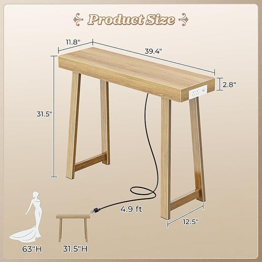 Huuger Entryway Console Table with Charging Station, USB-C Port, 39.4 Inch Sofa Table with Metal Legs, Entry Hallway Table with Thicker Desktop, Modern Behind Couch Table, Natural