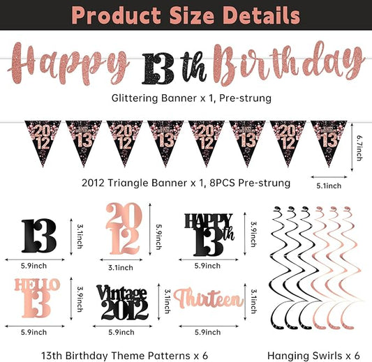 13th Birthday Decorations for Girls, Black Rose Gold Happy 13th Birthday Banner Hanging Swirls Vintage 2012 Birthday Decorations Kit Hello 13 Party Supplies
