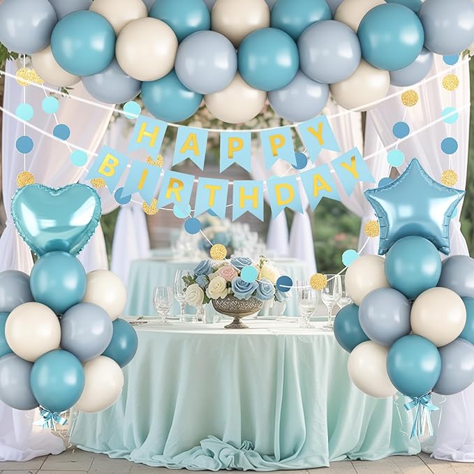 Blue Birthday Party Decorations for Boys Men Dusty Blue Sand White Balloon Set with Star Heart Foil Balloons Happy Birthday Bunting Banner Garland Navy Light Cream Beige Party Decor Kit Baby Girls