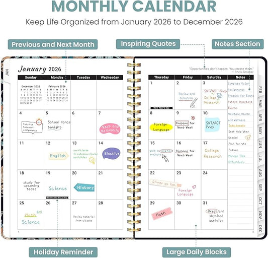 2026 Planner, Weekly and Monthly Planner for Women, Jan 2026 - Dec 2026 Pretty 2026 Calendar Planner with Monthly Tabs, Inner Pocket, Spiral Binding, Perfect for Office Home School - 6.3" x 8.5", Amber Bloom