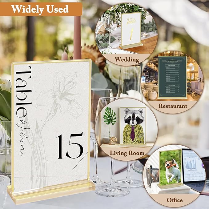 Floroom 6 Pack 5x7 Inch Clear Acrylic Sign Holders, Double-Sided Gold Display Stand Picture Frames for Table Numbers, Menus, Flyers, Weddings, and Offices