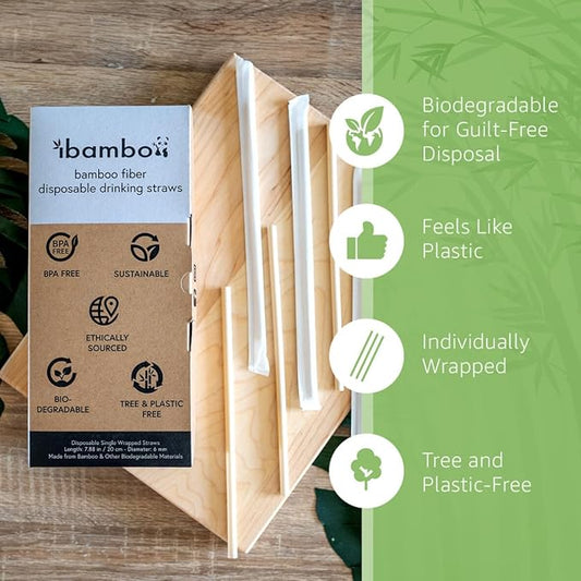 Jenvita Bamboo Powder Biodegradable Straws (50-Pack) - 7.88" Compostable Straws Individually Wrapped | 100% Compostable | Durable & Disposable | Made for Hot & Cold Drinks, Commercial or Home Use