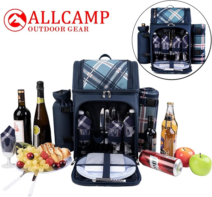 ALLCAMP Picnic Basket Backpack Cooler for 4 Person with 2 Insulated Cooler Compartment, Detachable Bottle/Wine Holder, Fleece Blanket, Plates and Cutlery for Family,Couple and Friend gatherings (Blue)