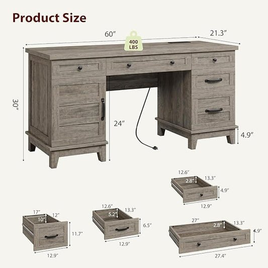 60 Inch Farmhouse Executive Desk with File Drawers for Home Office, Large Computer Desk with Storage Cabinet & Charging Station, Wooden Writing Table with Power Outlets & USB Ports for Work Study