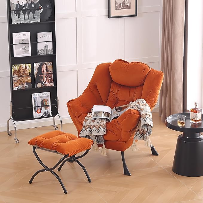LITA Lazy Chair with Ottoman, Modern Lounge Accent Chair with Armrests and a Side Pocket, Leisure Upholstered Sofa Chairs Set, Reading Chairs with Footrest for Small Space,Orange