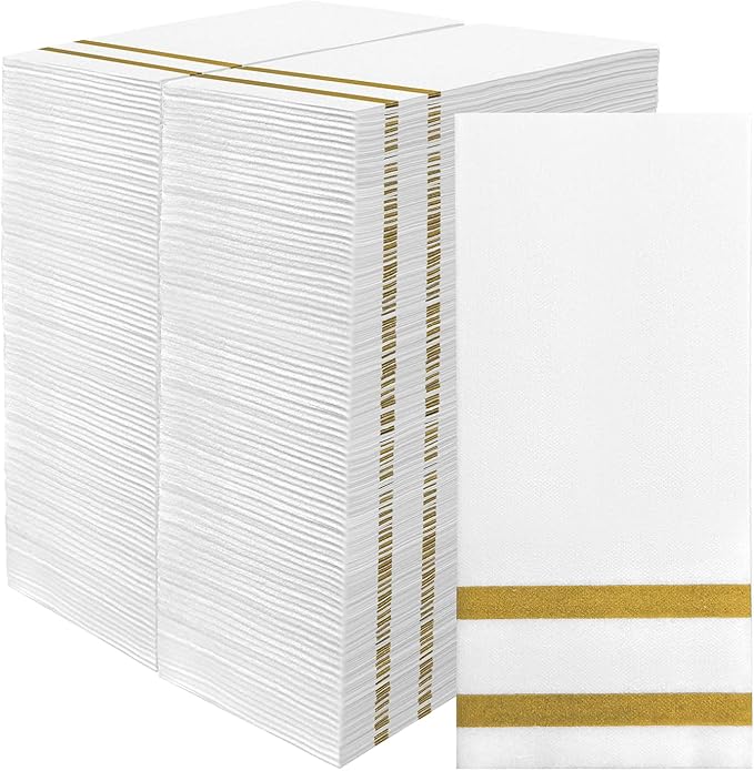 200 Pack Napkins Disposable Guest Towels Linen-Feel Decorative Napkins Soft and Absorbent Dinner Paper Hand Towels for Bathroom Party Powder Room Hotel Fancy Restaurant (200, Gold Line)