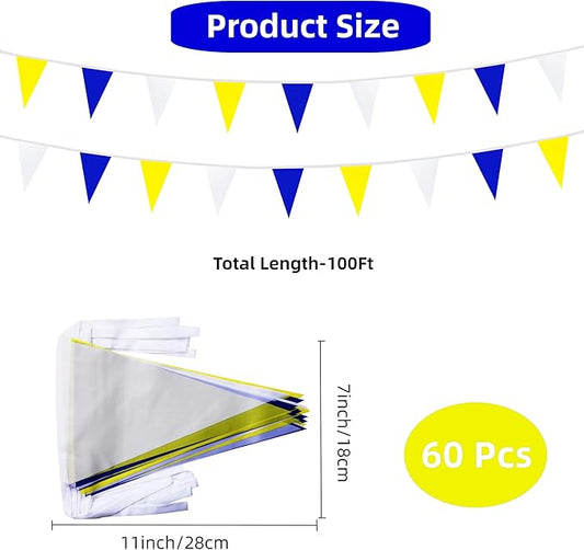 100 Feet 60 Pcs Yellow White and Blue Pennant Banner Flag String Hanging Triangle DIY Flag, Bunting Streamers Decoration for Grand Opening, Birthday, Wedding Celebration (Yellow White & Blue)