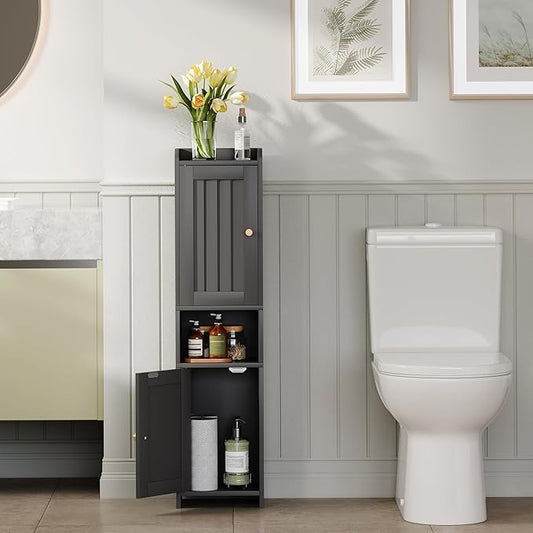 Bathroom Cabinet with 2 Doors, 7.3 x 9.8 x 40.4 Inches, Small Freestanding Storage Cabinet with Adjustable Shelf, Floor Cabinet for Small Spaces, Bathroom, Entrances, Kitchen, Black