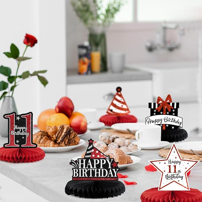 Happy 11th Birthday Decorations,11th Birthday Red Glitter Shiny Stand Honeycomb Table Centerpieces - Cheers to Eleven Years Old Birthday Party Photoprop Gift Sign.