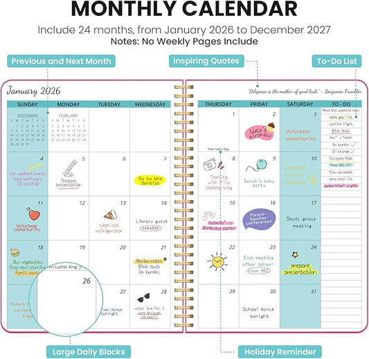 Monthly Planner 2026-2027, 2 Year Months Calendar Planner 2026-2027, Runs from January 2026 - Decembe 2027, 7" x 10", 24 Months, Perfect for School Office Home Planning - Fuchsia Pink