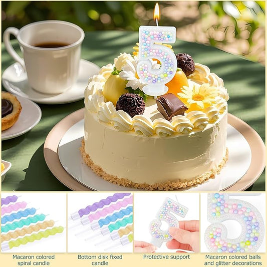 Number Birthday Candle with 12PCS Spiral Candles and A Birthday Card - Perfect for Celebrating Birthdays (Macaron Glitter, Number 5)