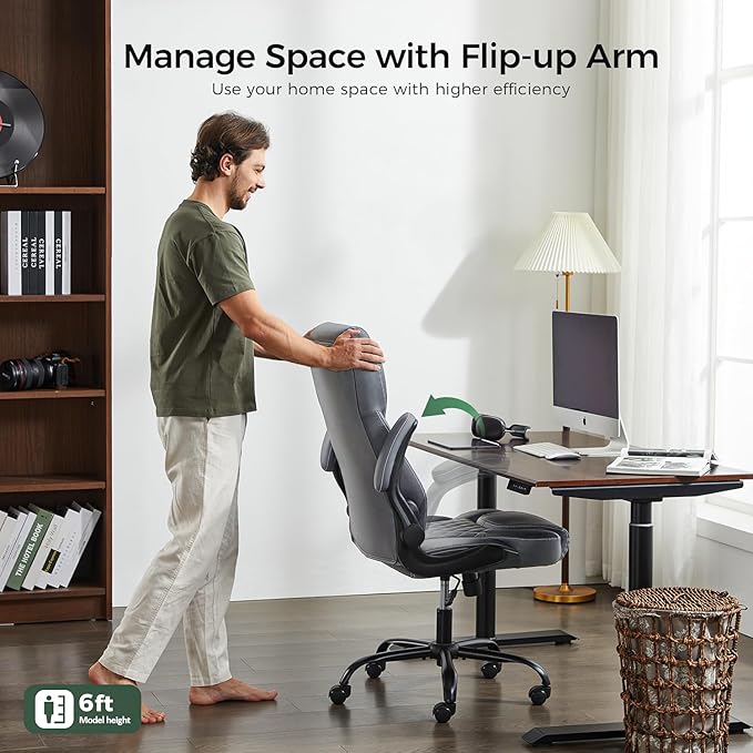 Office Chair, Executive PU Leather Chair Home Office Desk Chairs, Ergonomic Computer Desk Chair with Adjustable Flip-Up Arms, Lumbar Support Swivel Task Chair with Rocking Function (Gray)