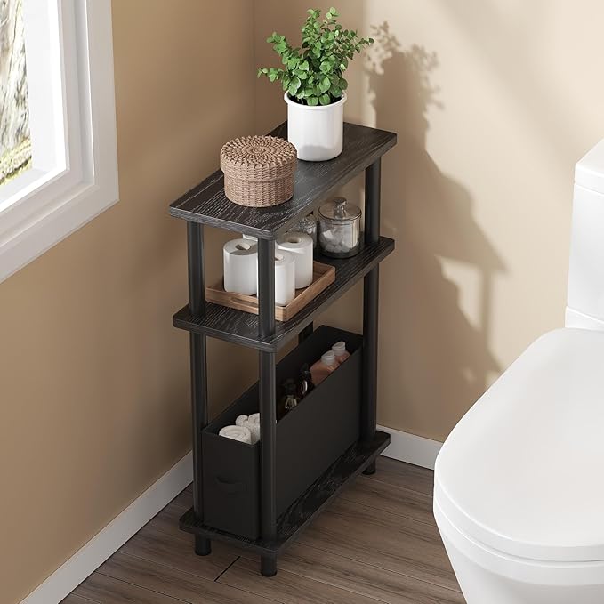 Apicizon Small Narrow Side Table, 3-Tier Skinny End Table withFabric Basket, Slim Nightstand Bedside Table for Small Spaces, Living Room, Bderoom, Black