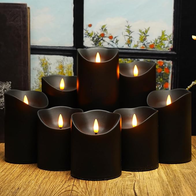 Flameless Candles with Remote, Battery Operated Flickering Flameless Candles, LED Candles with Timer 2/4/6/8H, with Realistic LED Candles Set of 9 (D3 x H 3" 4" 5" 6" 7") (Black)
