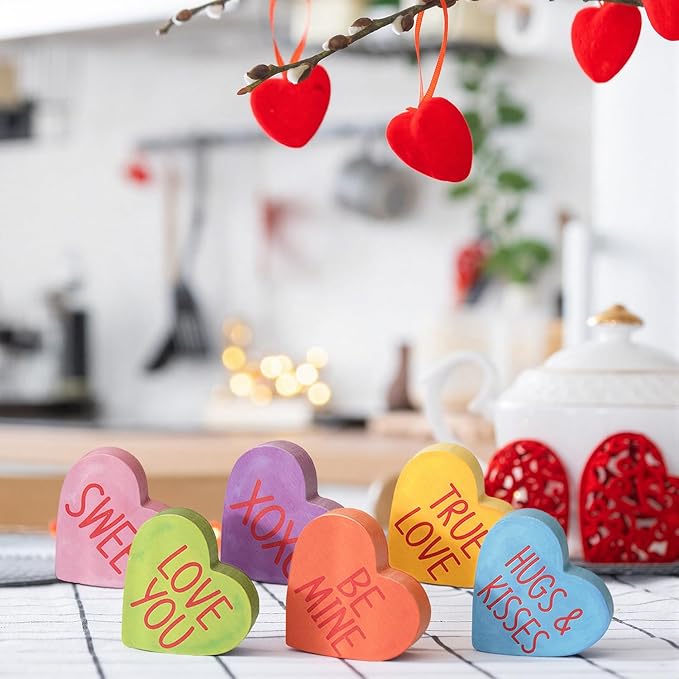 Smile Valentine's Day Colorful Heart - Shaped Wooden Block Decor, Be Mine XOXO Sweet, Valentine Indoor Decoration