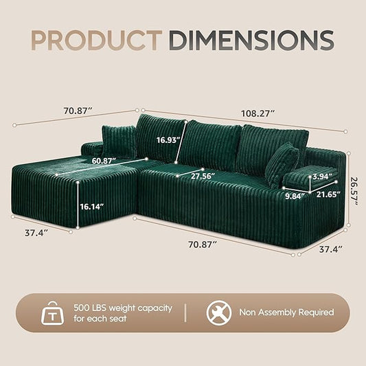 Hobestluk Modular Sectional Sofa Couches L-Shape Couch 3 Seat Modular Sofa Memory Foam Sectional Couches for Living Room, Cloud Couch with Oversized Chaise (108" Left Facing Chaise)