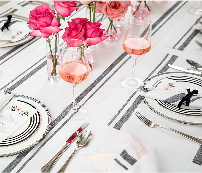Solino Home Linen Table Runner 120 Inches Long - 100% Pure Linen Black and White French Stripe Table Runner 14 x 120 Inch for Dining, Fall, Autumn
