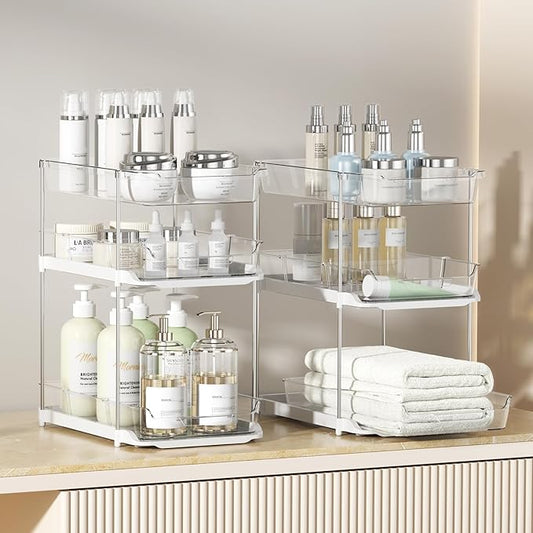 Delamu 2 Sets of 3-Tier Bathroom Under Sink Organizers and Storage, Multi-Purpose Stackable Pantry Organization and Storage, Pull Out Clear Kitchen Bathroom Cabinet Organizer with Movable Dividers | Storage, Multi-Purpose, Stackable, Pantry Organizatio...