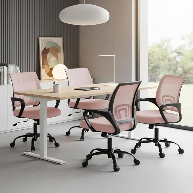 DUMOS Home Office Chair - Ergonomic Mid Back Mesh Desk Chair with Lumbar Support & Rocking Mode, Height Adjustable with Fixed Armrest, for Computer, Gaming, Meeting, Pink, 2 Pack