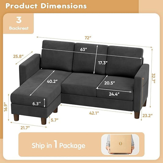 VICTONE Convertible Sectional Sofa Couch, 3 Seat L-Shaped Sofa with Linen Fabric Ottoman Small Couch for Small Apartments, Living Room and Office (Linen Fabric, Dark Gray)