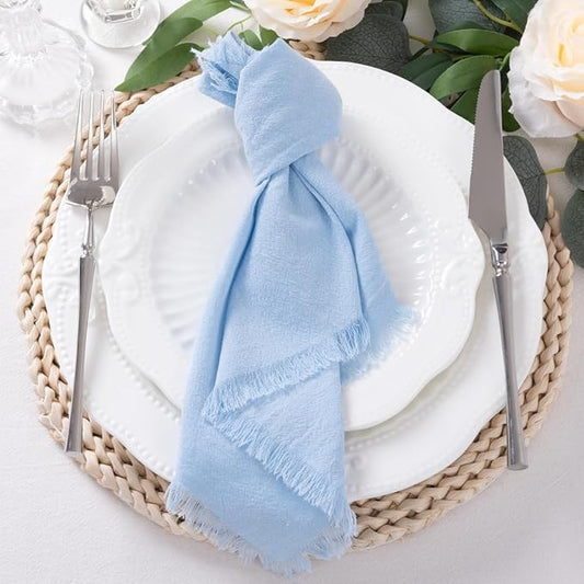 12 Pack Baby Blue Cotton Linen Napkins with Fringe Christmas Cloth Napkins Set of 12 Boho Handmade Holiday Napkins Bulk for Wedding Baby Boy Shower Parties, 17 x 17 Inches