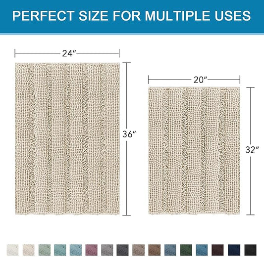 H.VERSAILTEX Bathroom Rug Sets 2 Piece Bath Mats Non Slip Thick Soft Chenille Striped Bath Rug achine Washable Shower Floor Rugs for Tub, Shower and Floor (Fog, 20" x 32"/24" x 36")