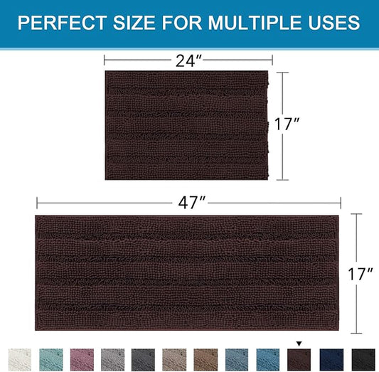 Non Slip Thick Shaggy Chenille Bathroom Rug Mat Set Extra Soft and Absorbent Striped Floor Rugs, 2 Piece, Machine-Washable