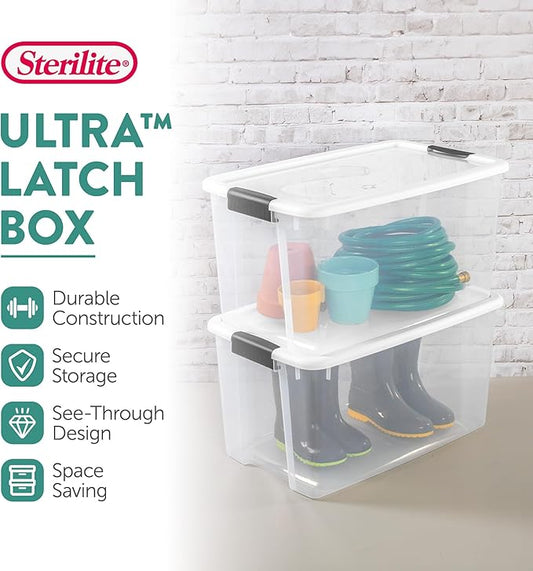 Sterilite 4 Pack Ultra Latching Box, Storage Bins with Lids, Clear Plastic, 70 Quart - Heavy-Duty Organizing Containers for Closet, Bathroom, and Office
