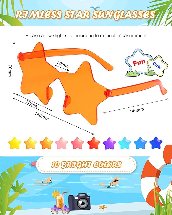 20 Pairs Rimless Star Sunglasses Bulk Transparent Candy Color Star Glasses for Women Men Party Favors