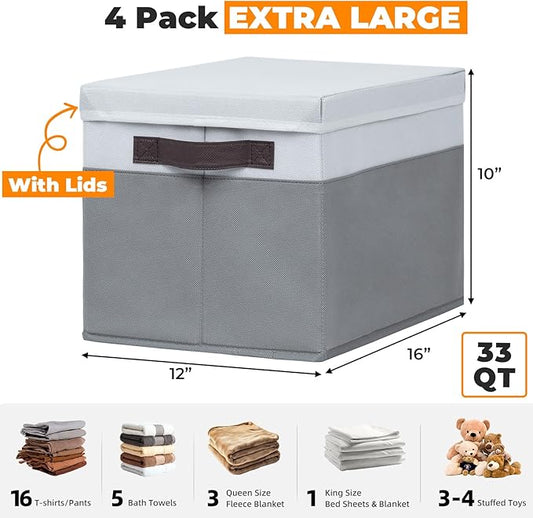Extra Large Storage Baskets with Lids 4 Pack, 33 QT Throw Blanket Basket for Living Room - Stackable Decorative Closet Shelf Organizers and Storage Box for Organizing Clothes Towels Book - 16x12 in