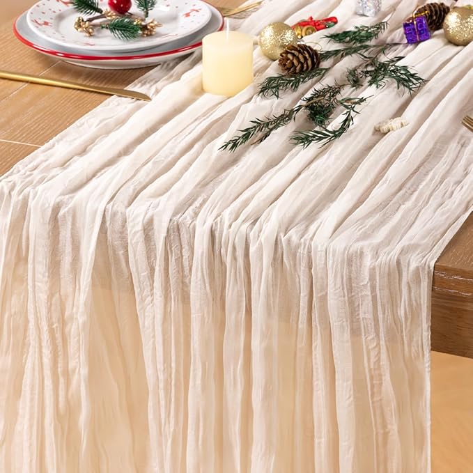 Ivory White Cheesecloth Table Runner Christmas Table Runner Boho Gauze 120 Inches White Cheese Cloth Table Decor for Xmas Holiday Season Parties Weddings Bridal Baby Shower