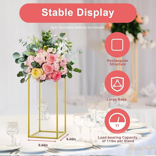 10 Pcs Gold Flower Stands 23.6 Inch Tall, Metal Geometric Floral Display Racks for Wedding Table Centerpieces Decorations, Modern Rectangle Flower Column for Party Event Reception