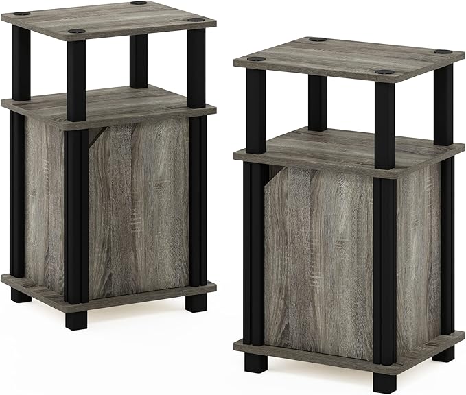 Furinno Brahms 3-Tier End Side Sofa Table/Nighstand with Door, 2-Pack, French Oak/Black