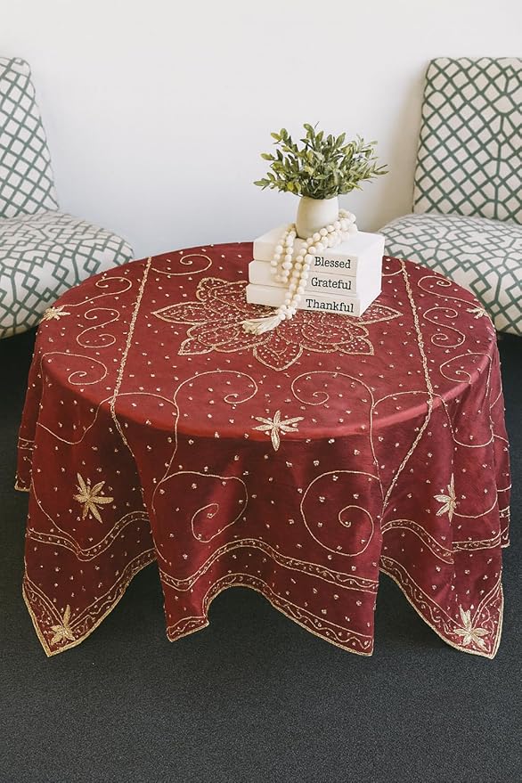 AK TRADING CO. Handmade Metallic Zari (Nakshi) Embroidered Silk Tissue Tablecloth – 60" Square | Luxury Handcrafted Decorative Table Cover for Home Décor, Weddings & Special Events (Burgundy, 60x60)