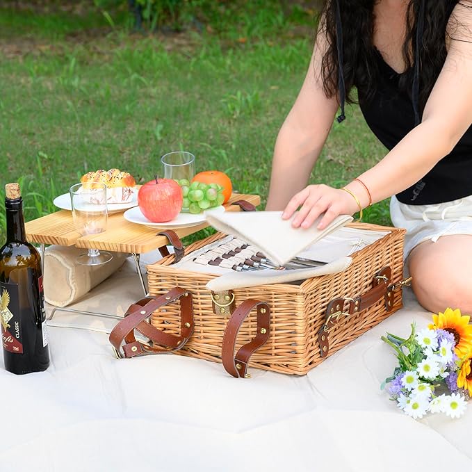 Multifunctional Wicker Picnic Basket Set for 2 with Blanket and Picnic Table, Insulated Picnic Set with Full Tablewares for Camping Outdoor Couples,Natural