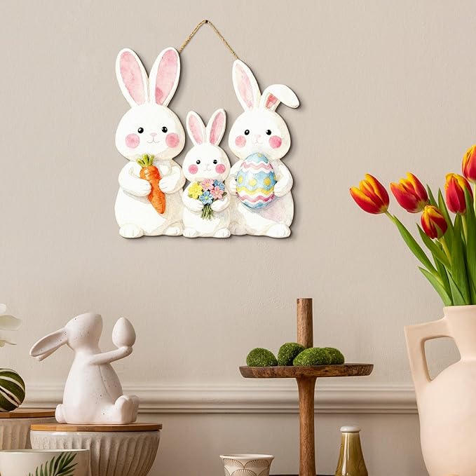 Kercan Easter Cross Wall Decoration with Purple Fabric, White Lily Flowers and Dove, He is Risen Wood Sign, 14.2x9.8 Inch Religious Home Decor (Rabbit-C)