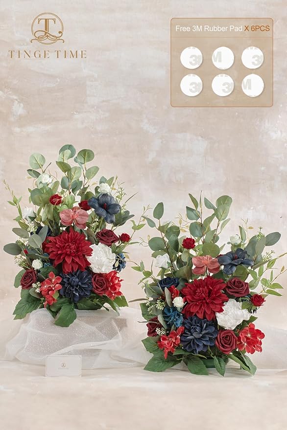 TINGE TIME Free-Standing Artificial Flower, Set of 2, Table Centerpiece with Rubber Pad, Silk Fake Flower for Wedding Centerpiece Archway Aisle Welcome Entrance (Red&NavyBlue)