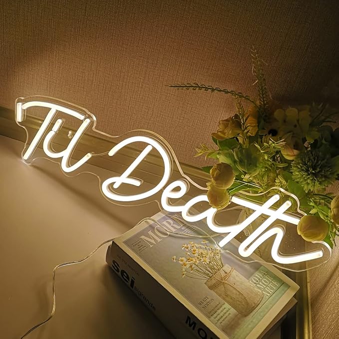 SYLHOME Large LED Neon Light Sign 'Til Death 24"X5.9" 12V Wedding Bridal Shower Neon Birthday Party Art Wall Decor Signs Bar Bedroom Living Room Decor Sign Love (With Adapter) Warm White