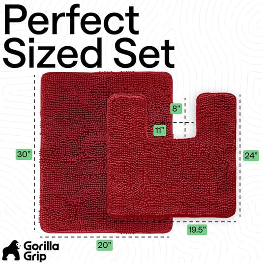 GORILLA GRIP Bathroom Rug Sets, Soft Chenille 2 Piece Area Rugs Set, Toilet Base Mat and 30x20 Carpet, Absorbent Microfiber Washable Mats Dry Quickly, Home Décor and Bath Room Accessories, Red