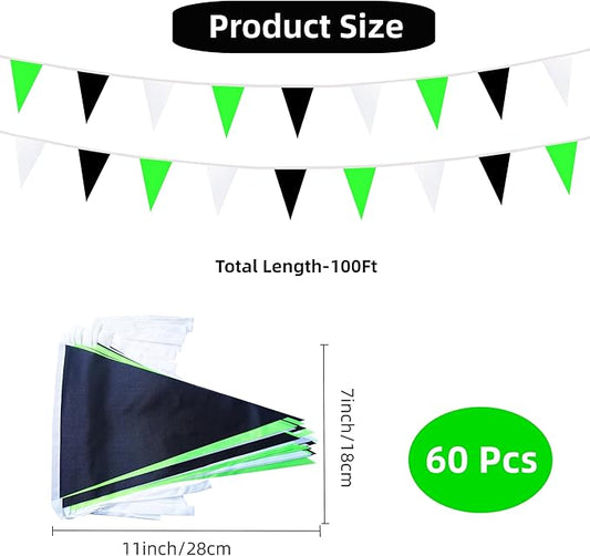 100 Feet 60 Pcs Green White and Black Pennant Banner Flag String Hanging Triangle DIY Flag, Bunting Streamer Decoration for Grand Opening, Birthday, Wedding Celebration (Green White & Black)