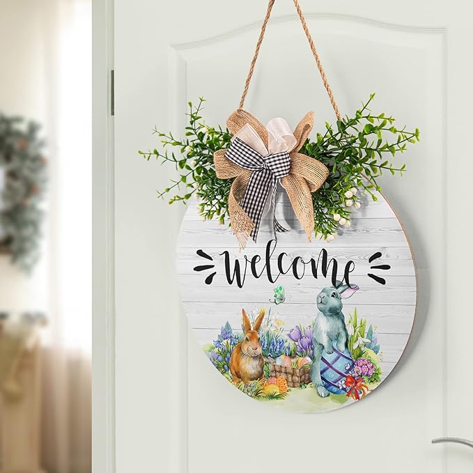 Harooni Easter Wooden Sign, 12 Inches, Rustic, Pastel Pink, Yellow, Green; Black, White, Round, Welcome, Wood, Hanging, Front Door, Front Porch, Wall