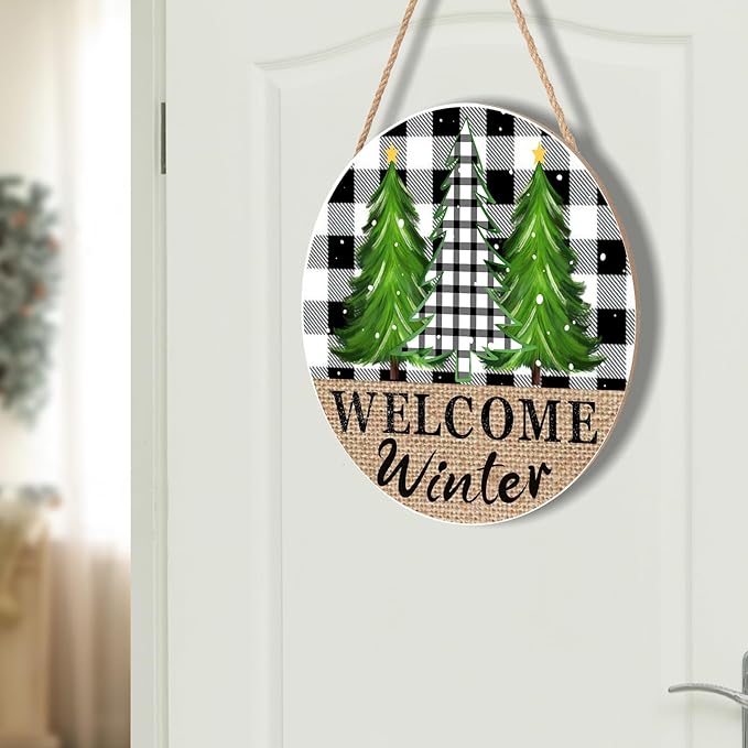 Welcome Winter Front Door Sign 12in Hello Winter Buffalo Plaid Door Sign Farmhouse Pine Trees Wood Door Hanger for Outdoor Outside Porch Rustic Winter Trees Hanging Plaque for Home Wall Decor