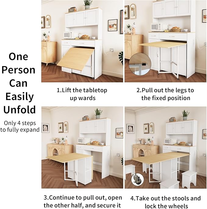 VOWNER 63” Folding Dining Table Set with 71” Tall Kitchen Pantry Storage Cabinet, with Large Drawers and Adjustable Shelves, Space Saving Wood Cupboard with Charging Station for Small Place, 4 Stools