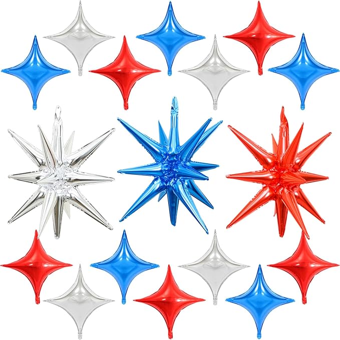 Red Blue Silver Star Balloons - 22 inch Star Foil Mylar Balloons - 10 inch Four-Pointed and Pentagram Balloon for 4th of July Decorations - American Memorial Day Party Supplies