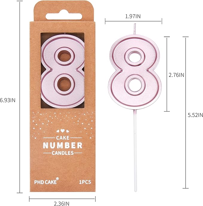 PHD CAKE 2.76 Inch Luxe Rose Gold 8 Number Birthday Candles, Rose Gold Number Candles, Cake Number Candles, Party Celebration