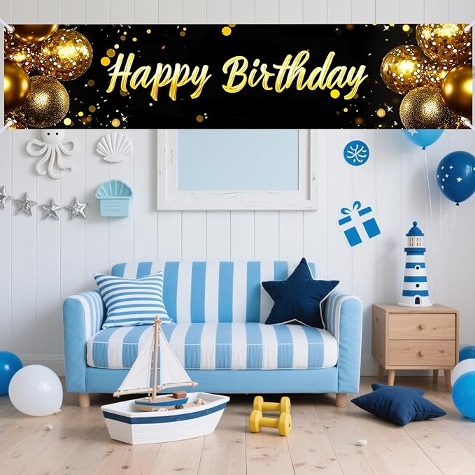 Nuxovilar Happy Birthday Banner Decorations 17.72x78.74 Inch Black Gold Balloon Theme - Polyester for Indoor Outdoor Birthday Party Decor